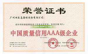 中國質(zhì)量信用AAA級企業(yè)榮譽證書